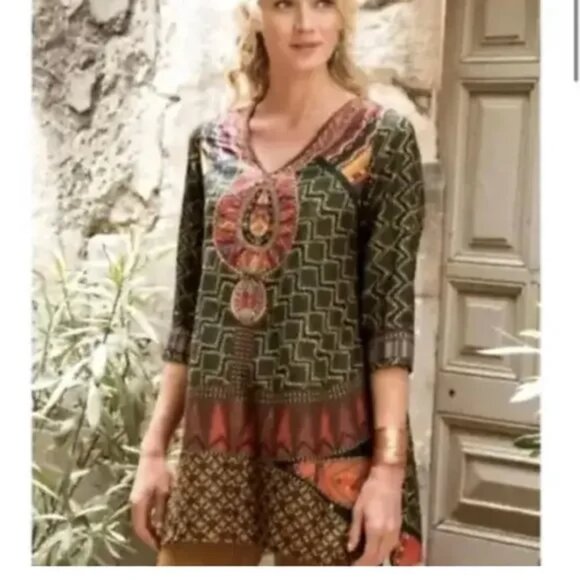Soft Surroundings Dashiki Boho 3/4 sleeve Sequin Embroidered Lightweight Tunic S - Picture 1 of 8
